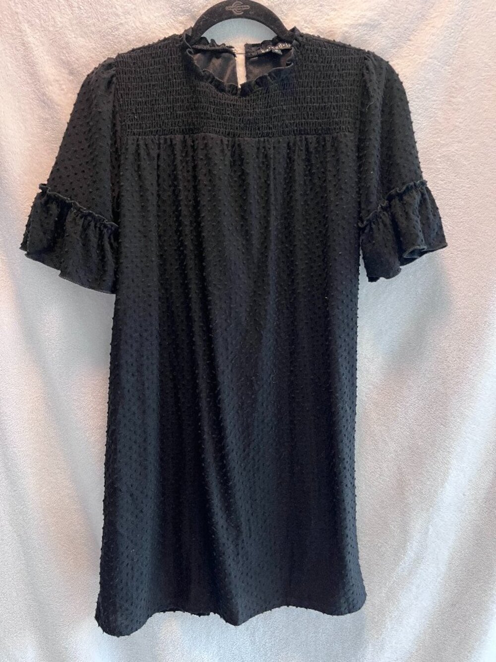 ke•ned•ik Black Swiss Dot Smocked Mini Dress Ruffle Collar Size M